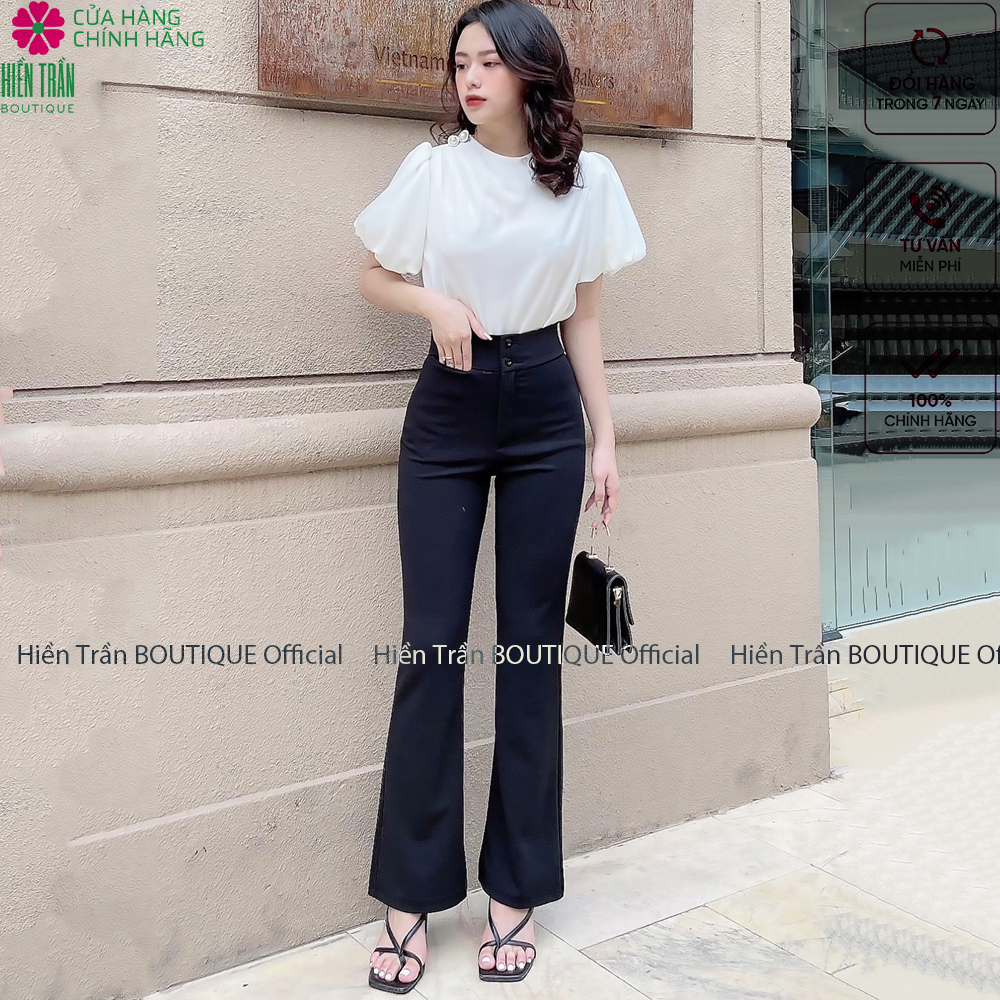 Quần ống rộng Hiền Trần BOUTIQUE lưng cạp cao 2 cúc baggy vải nữ dài suông loe culottes màu đen