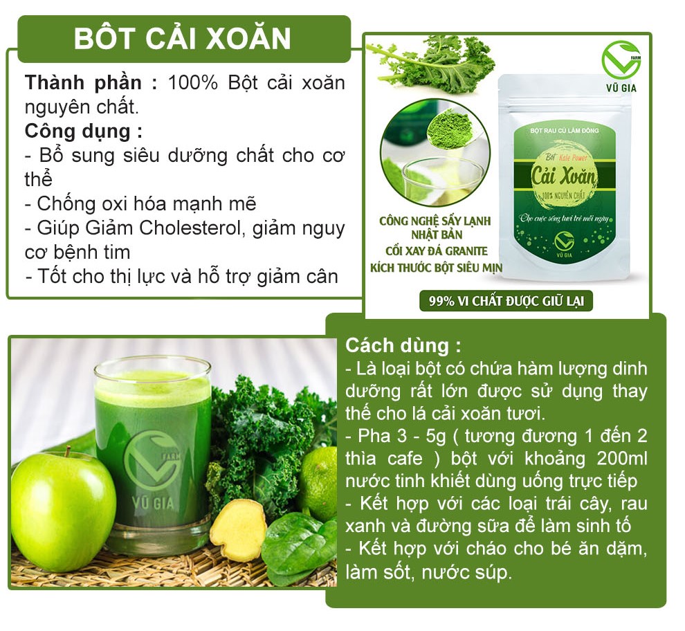 Bột Cải Xoăn Sấy Lạnh Nguyên Chất Vũ Gia - Bổ sung siêu dưỡng chất cho cơ thể, chống oxi hóa mạnh mẽ, giúp giảm Cholesterol, giảm nguy cơ bệnh tim, tốt cho thị lực và hỗ trợ giảm cân