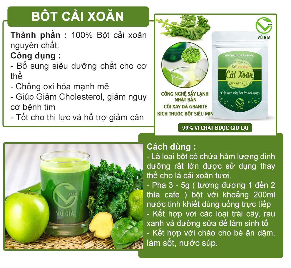 Bột Cải Xoăn Sấy Lạnh Nguyên Chất Vũ Gia (50g/ túi) - Bổ sung siêu dưỡng chất cho cơ thể, chống oxi hóa mạnh mẽ, giúp giảm Cholesterol, giảm nguy cơ bệnh tim, tốt cho thị lực và hỗ trợ giảm cân