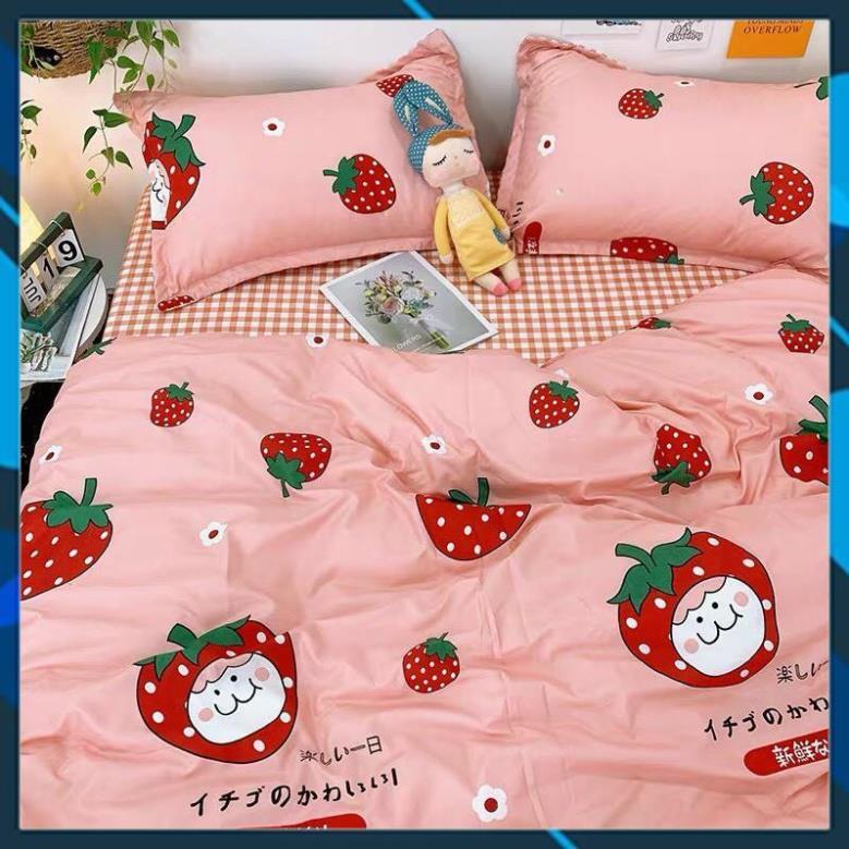 Bộ chăn ga gối Cotton poly bedding quả dâu baby, vỏ chăn mền, drap giường và 2 vỏ gối