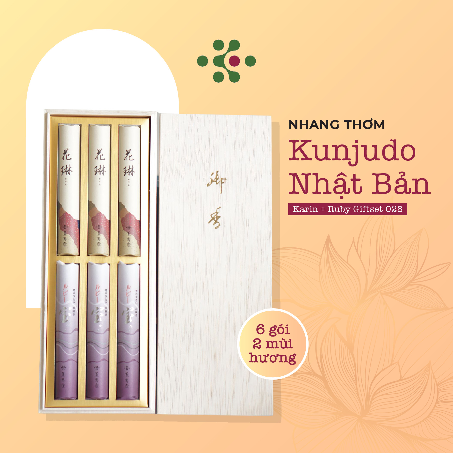 Hộp quà gỗ nhang thơm cao cấp Karin + Ruby Giftset 028 từ Kunjudo Nhật Bản 120g
