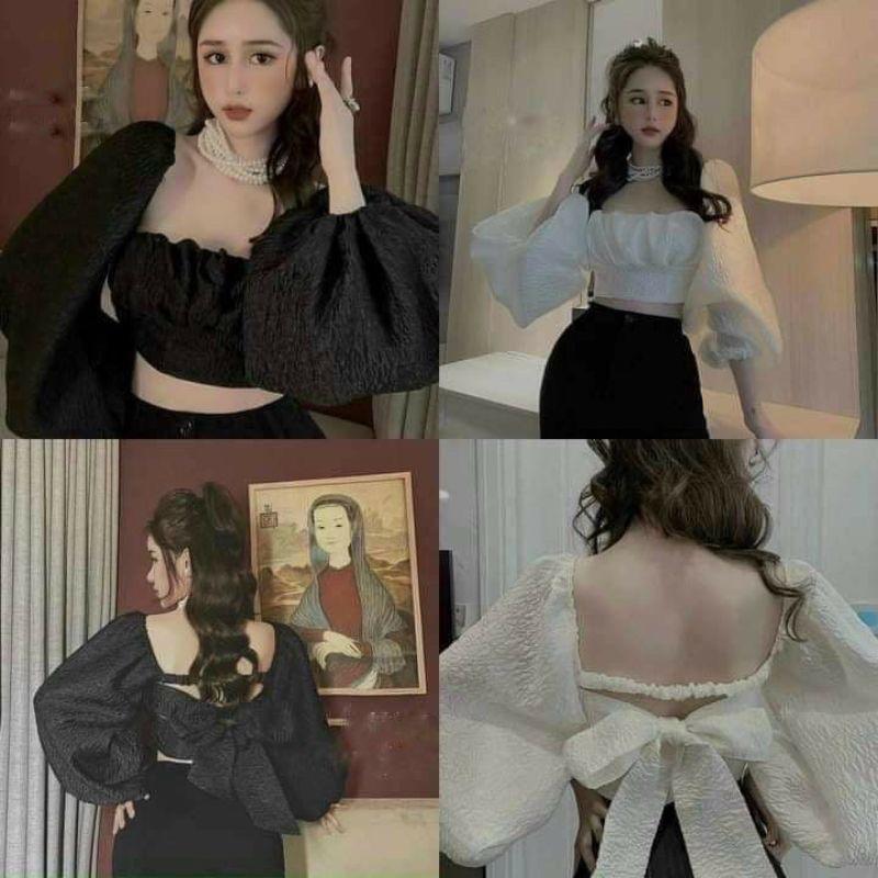áo croptop tay phồng trễ vai cổ vuông trắng Thời Trang Hàn Quốc Cho Nữ 3 màu