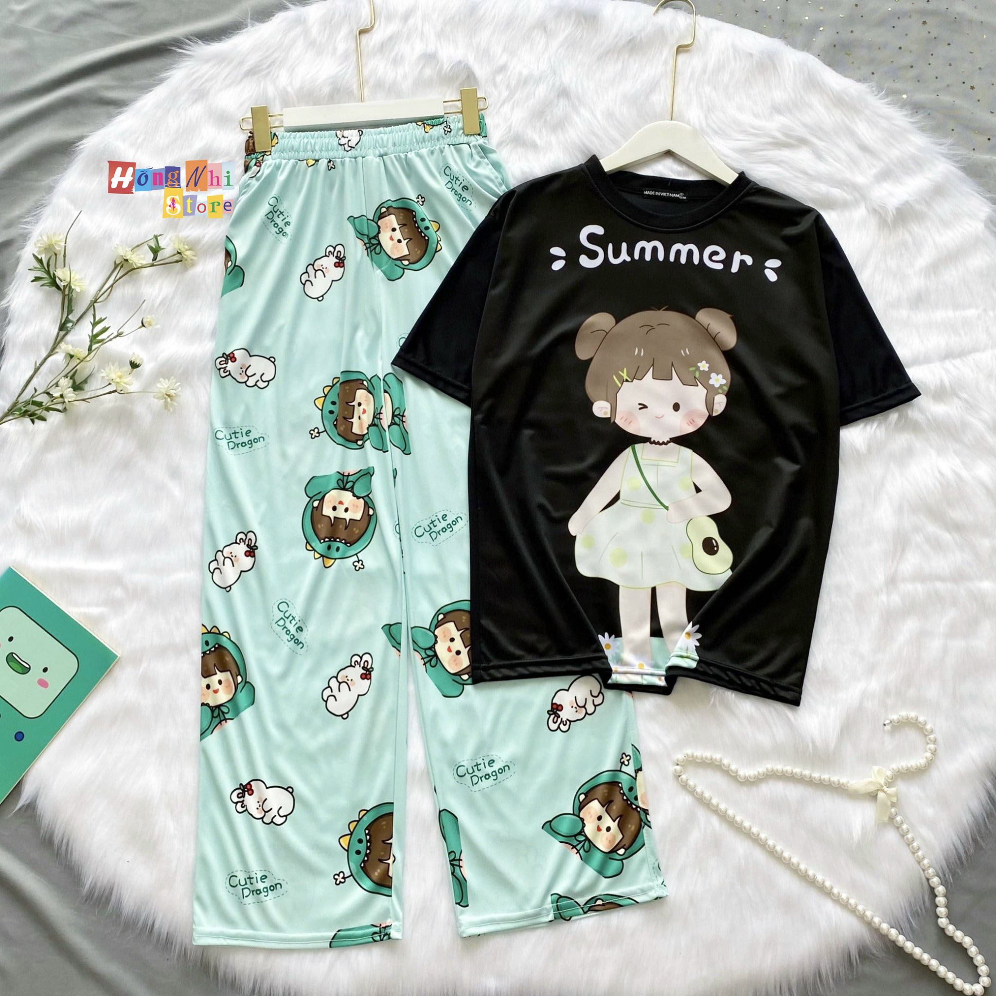 Quần Hoạt Hình Dài Cô Bé Khủng Long Xanh Ống Rộng Cartoon Pant V2 Oversize Ulzzang Unisex - MM