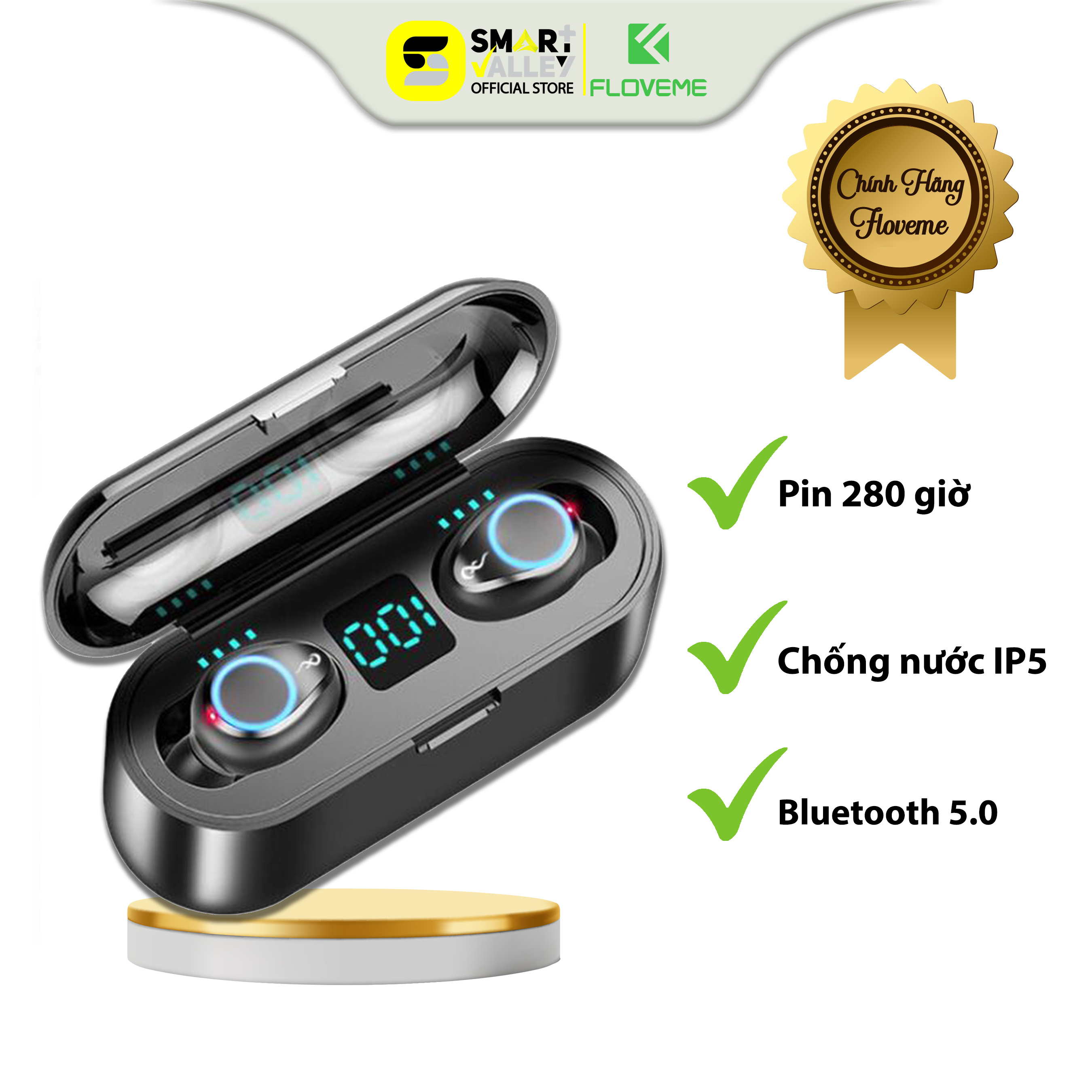 Tai nghe bluetooth không dây F9 True wireless Floveme-  Dock Sạc có Led Báo Pin Kép - Công nghệ khử tiếng ồn cho âm thanh trung thực  -  Khoảng cách hoạt động: phạm vi 10m - Hàng chính hãng