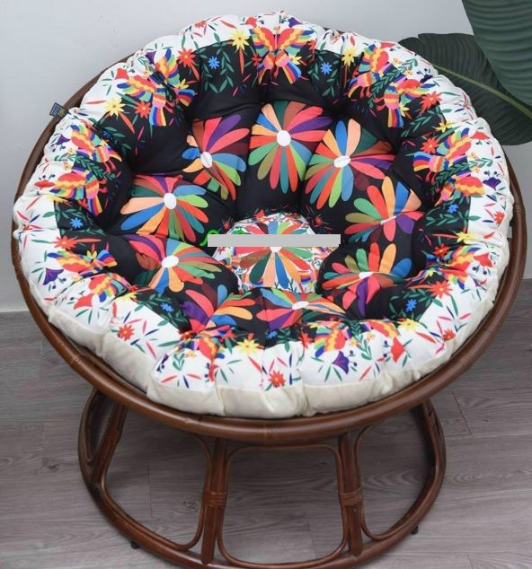 Ghế mặt trăng Papasan mây thật cao cấp Juno Sofa size 1m, Nệm hoa văn Indochine