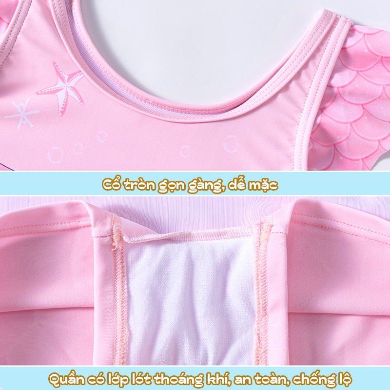 Bộ bơi bé gái họa tiết tiên cá dễ thương, áo tắm trẻ em dáng váy liền quần đùi điệu đà, chất thun bơi lạnh mịn đẹp bền chắc, co giãn cao, phom dáng đường may chuẩn | BT102