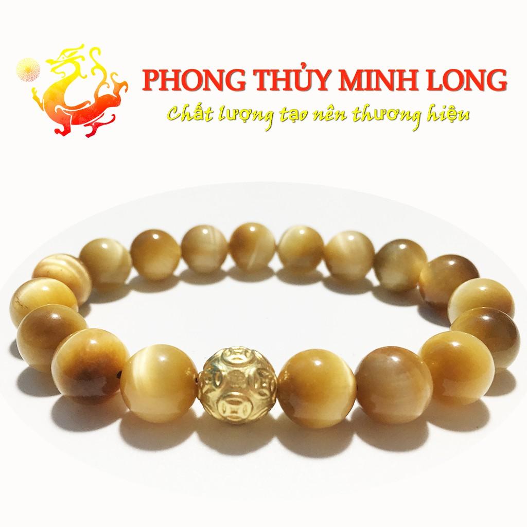 Vòng tay đá Mắt Hổ Vàng Tâm chất lượng 5A mix 1 hạt Kim Tiền vàng hợp mệnh Thổ và mệnh Kim