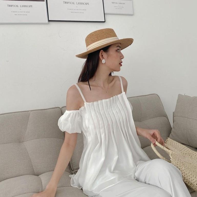 Áo kiểu nữ ngắn tay chất dập ly Croptop hở vai tiểu thư siêu xinh - Trễ vai tay bồng chất tơ cao cấp A-2DL