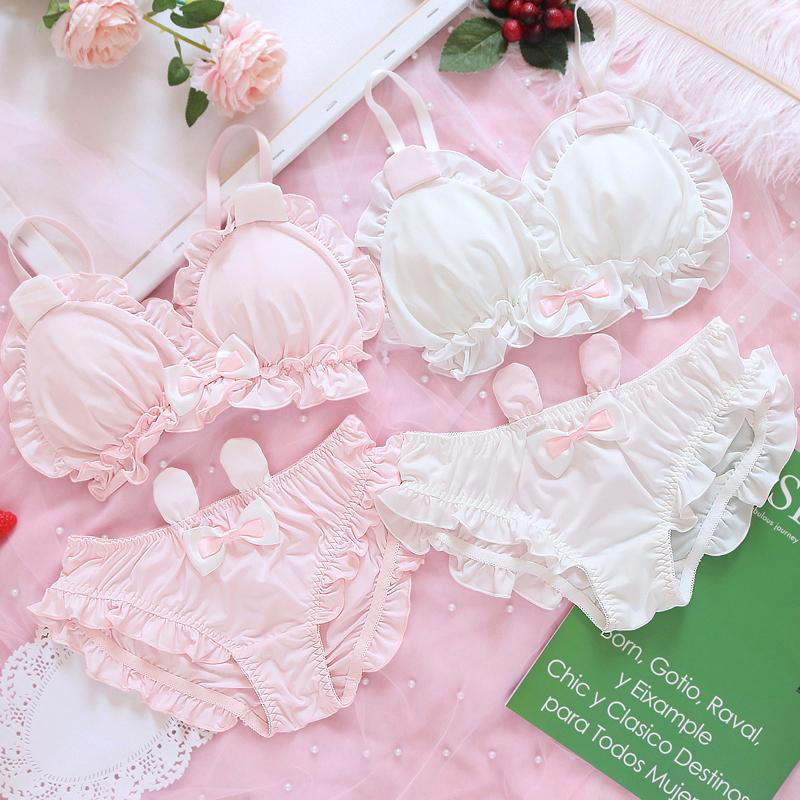 Nhật Bản Dễ Thương Lolita Kawaii NƠ REN Trắng Bộ Đồ Lót Gợi Cảm Nữ Tai Thỏ Dễ Thương Quần Lót Áo Ngực Nữ & Quần Lót bộ Áo Ngực