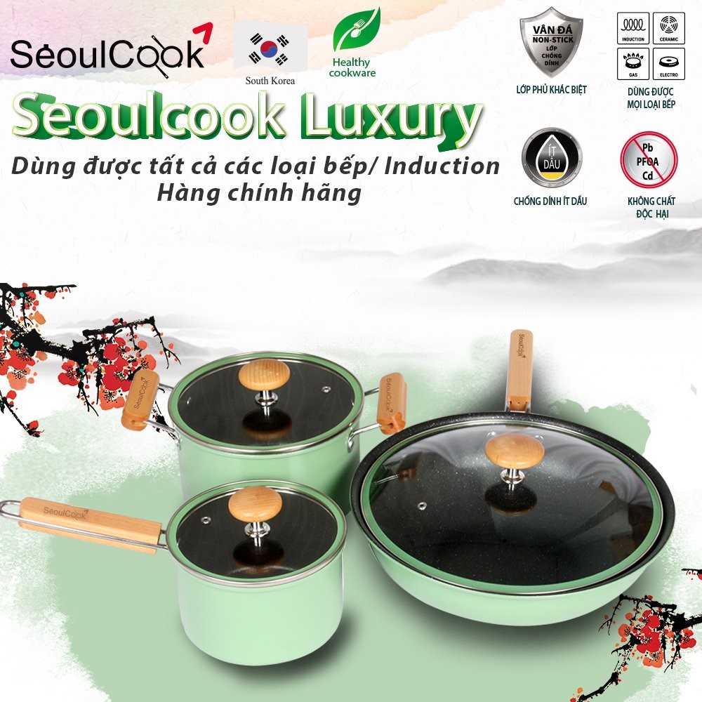 Bộ 3 món nồi chảo đáy từ cao cấp Hàn Quốc Seoulcook Luxury chống dính vân đá an toàn cho sức khỏe, dùng được tất cả các loại bếp/ Induction – Hàng chính hãng