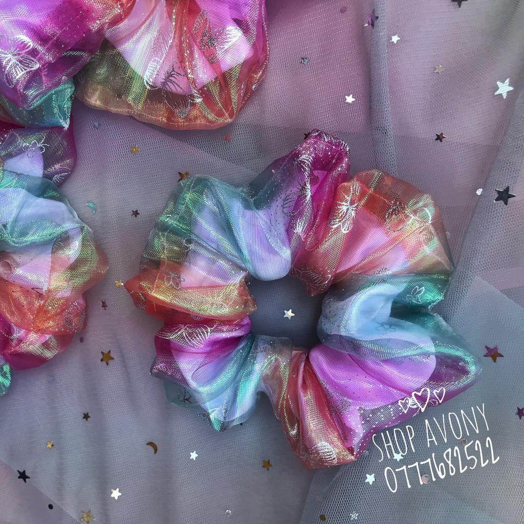 Cột tóc vải scrunchies sắc màu ánh cầu vòng hồ điệp - Bướm - Hồng cam xanh