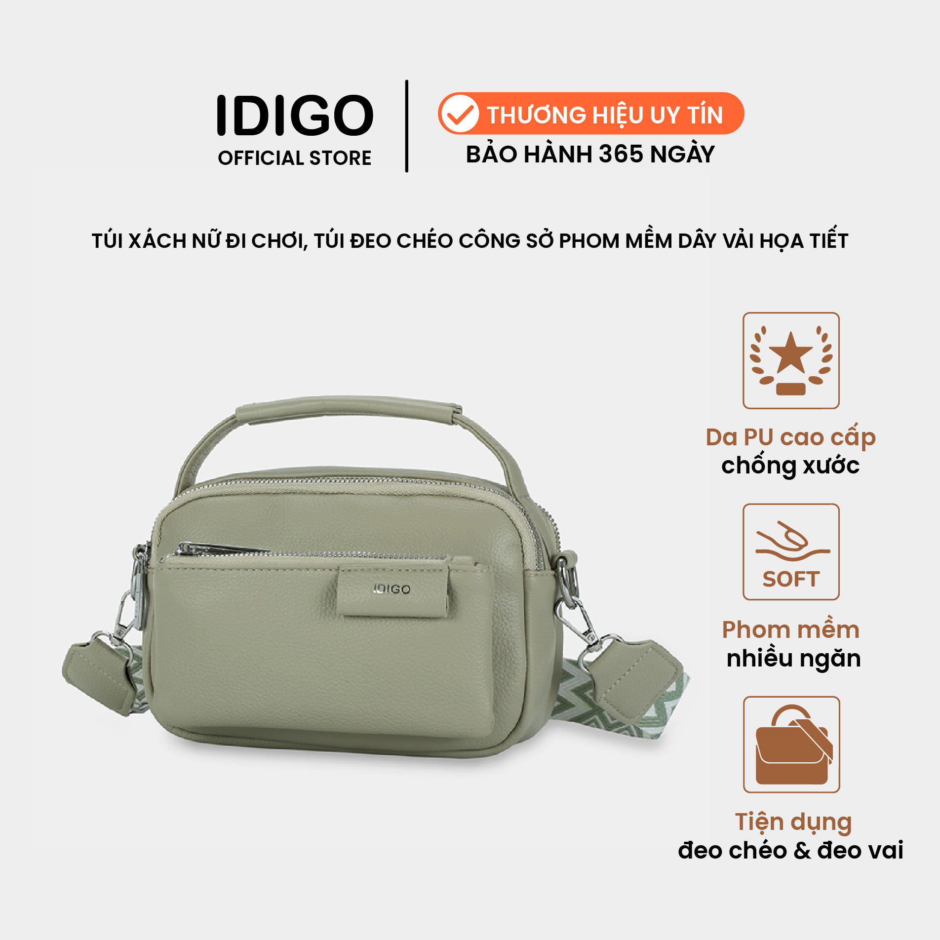 Túi xách nữ đi chơi, túi đeo chéo phom mềm nhiều ngăn dây đeo vải họa tiết IDIGO FB2 - 4323