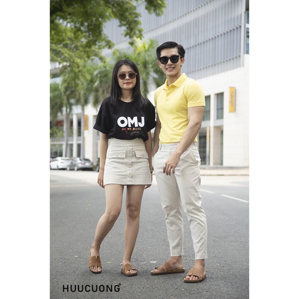 Dép unisex Huucuong chữ H da bò nâu đế trấu handmade