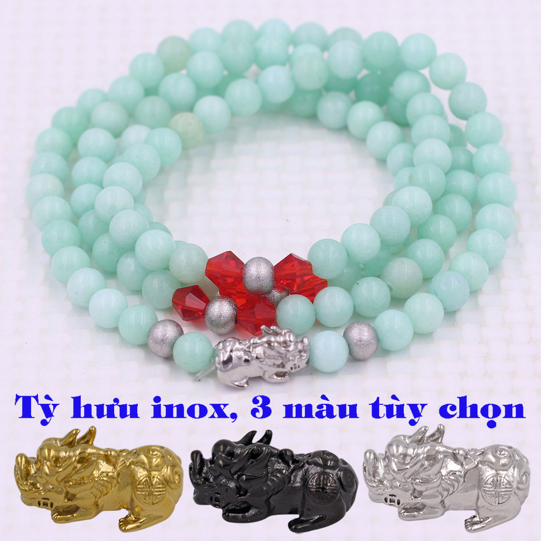 Vòng chuỗi 108 hạt đá Ngọc bích charm tỳ hưu inox - Chuỗi hạt 6 ly, 8 ly - Vòng chuỗi niệm Phật Bình an, May mắn - Hợp mệnh Thủy, Mộc