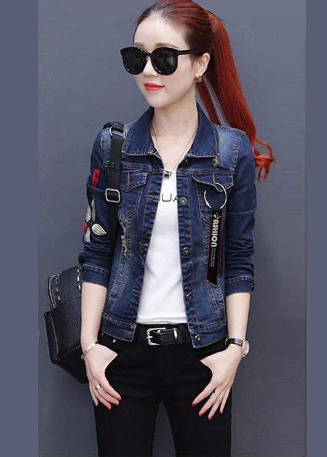 Áo Khoác Jean Nữ Dài Tay Thêu Hoa Kèm Khoen Túi