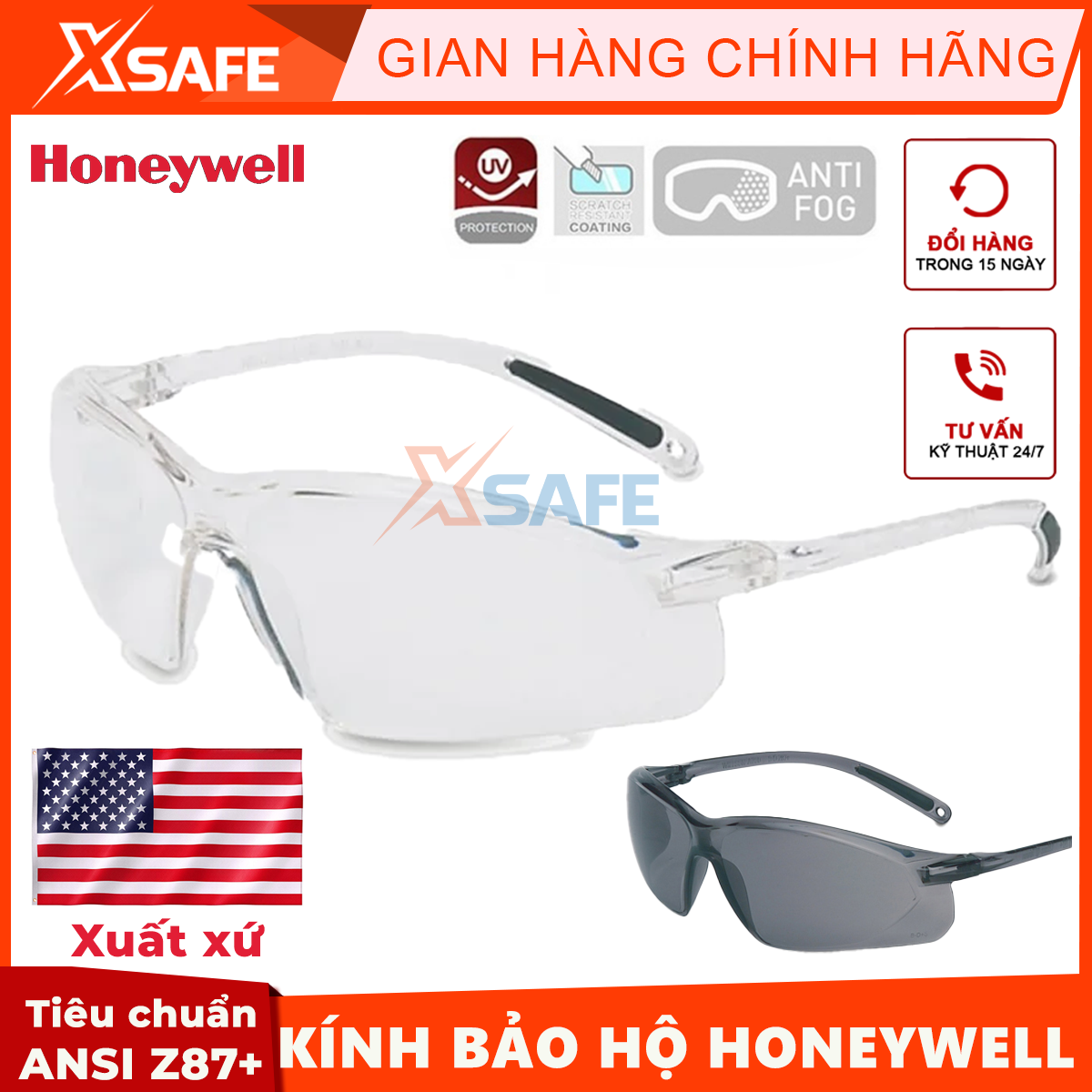 Kính bảo hộ Honeywell A700 hai mài trắng đen lựa chọn Mắt kính chống bụi, chống tia UV, chống trầy xước, đọng sương