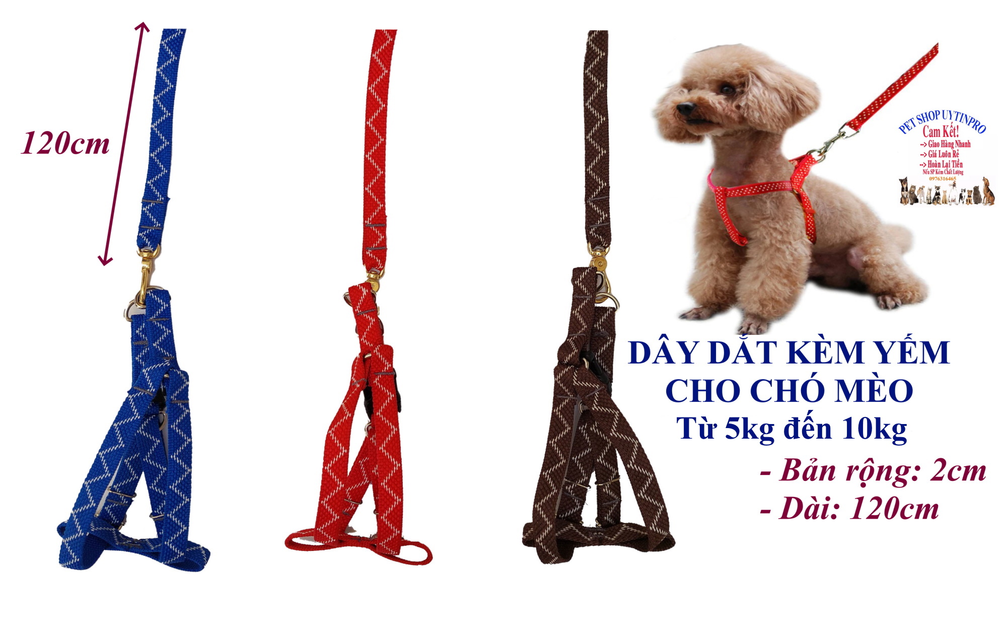 Dây dắt kèm yếm cho Chó Mèo từ 5kg đến 10kg Bản rộng 1.5cm Dài 120cm Thêu zigzag Chất liệu dù chắc chắn, An toàn