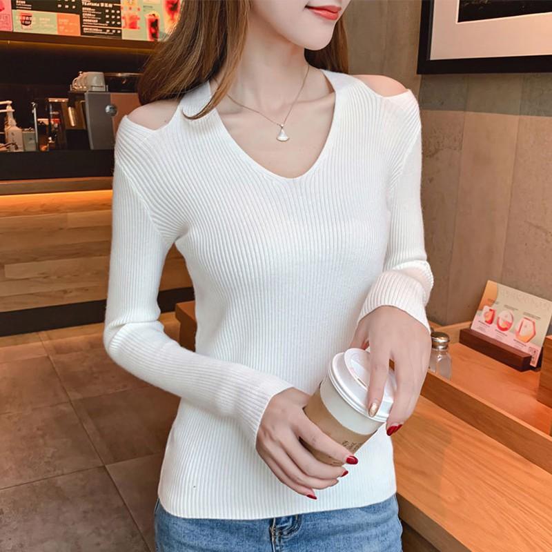 Áo len nữ tay dài hở vai cổ chữ V màu trơn