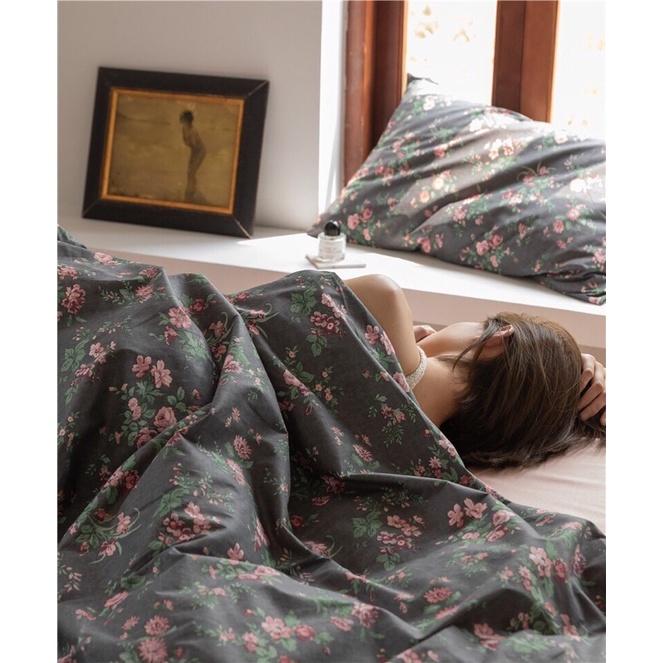 Bộ Chăn Ga Gối Cotton living 100%cotto Hàng Nhập Khẩu Cao Cấp 4 Món Hoa Hồng Đen Cực Xinh Lại Sạch