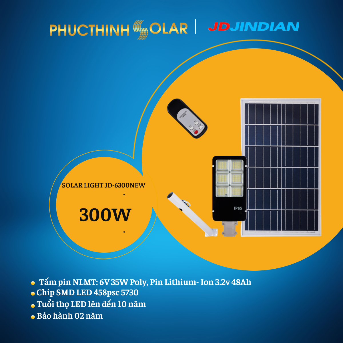 Đèn Đường Năng Lượng Mặt Trời 300W Jindian JDE-6300New Có Remote - Tiêu Chuẩn IP67 Chống Thấm Nước | Phúc Thịnh Solar