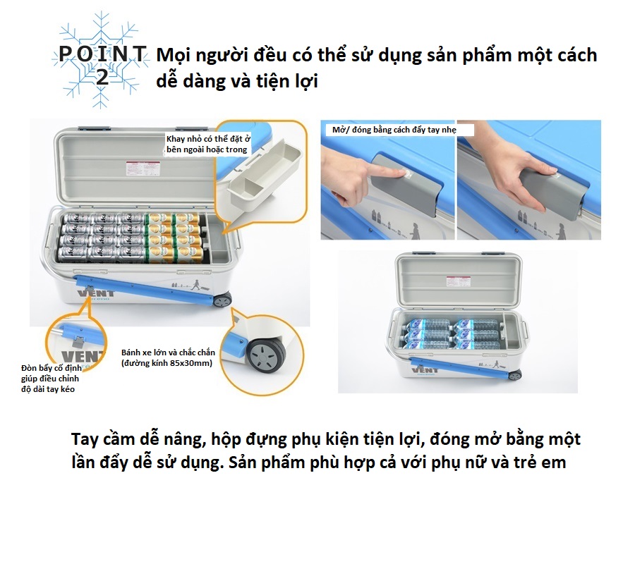 Thùng đá giữ nhiệt đa năng Sanka Vent 50L, tay cầm thu~kéo gọn nhẹ bằng nhôm chống gỉ sét cho phép di chuyển dễ dàng - nội địa Nhật Bản