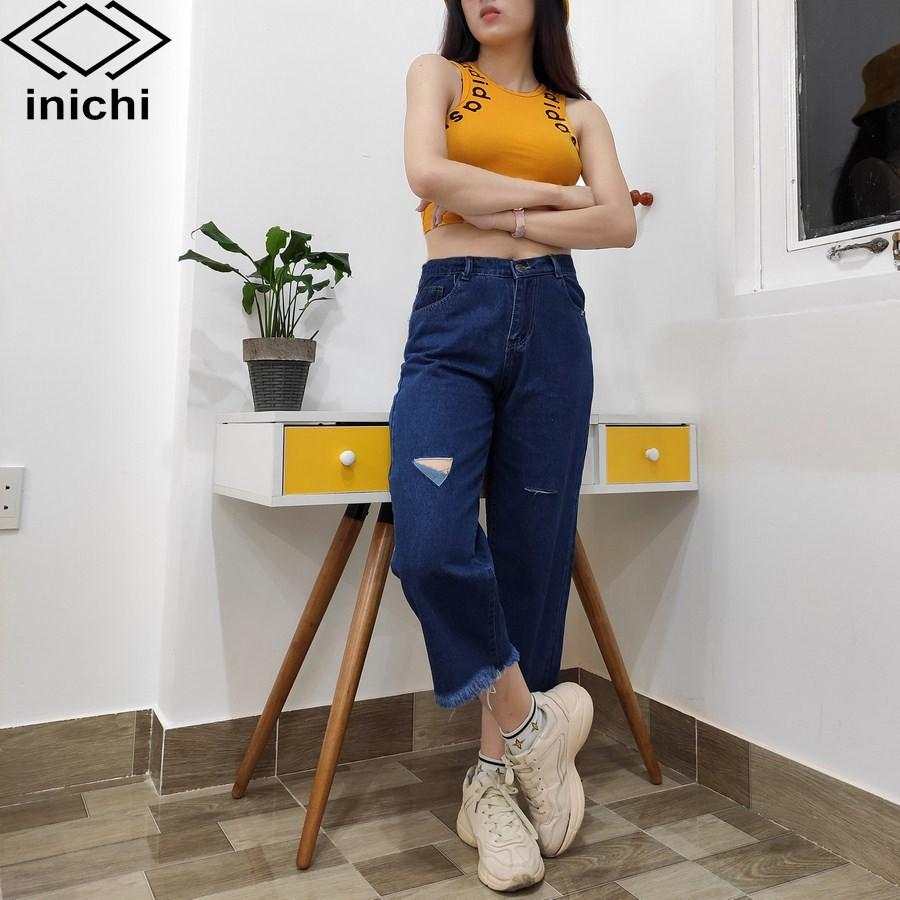 Quần jean nữ INICHI Q680 baggy xanh đậm ống rộng rách móc tam giác cực hot