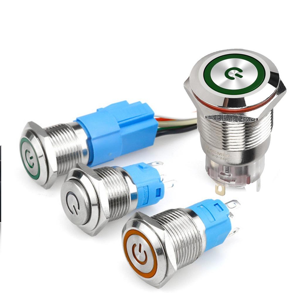 Nút Nguồn Inox Led, Công Tắc Nhấn Tự khóa 16mm (3-6V, 12-24V, 110-220V) Có biểu tượng Power
