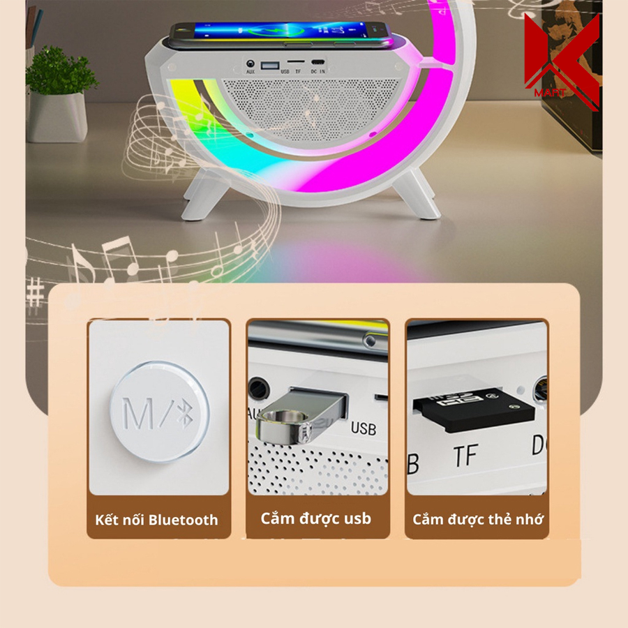Loa bluetooth thông minh chữ G, kiêm sạc không dây 10W và đèn ngủ LED RGB - K-Mart