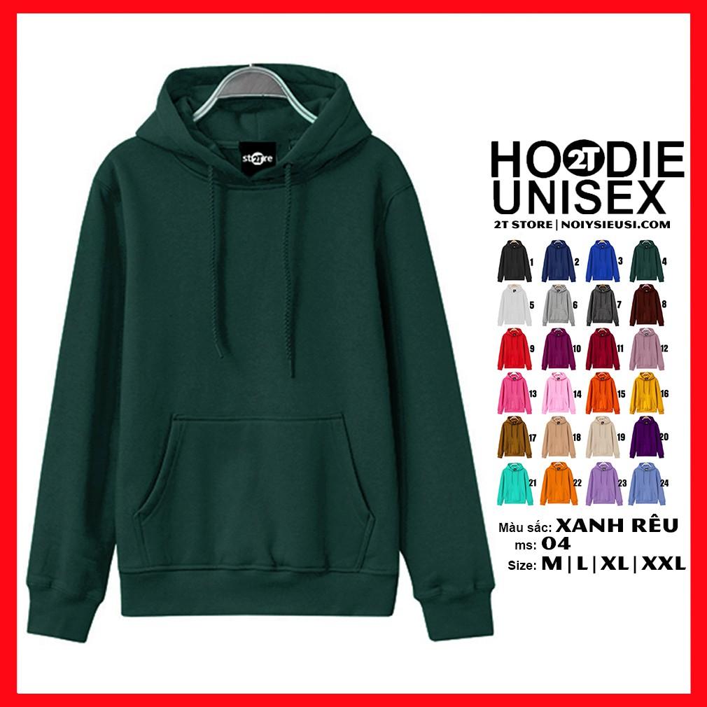 Áo hoodie unisex 2T Store H04 màu xanh rêu khoác nỉ chui đầu nón 2 lớp dày dặn đẹp chất lượng