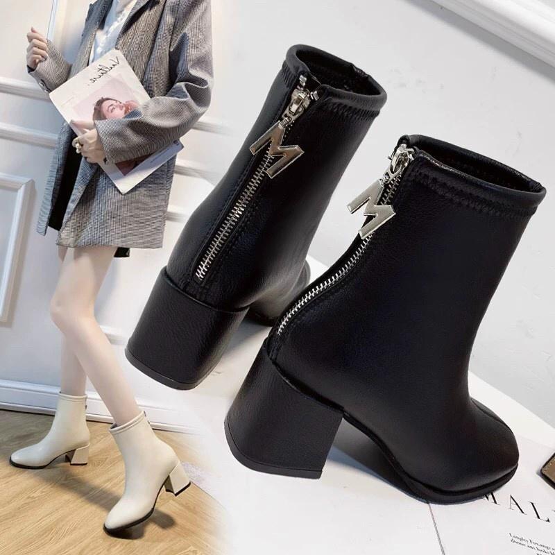 Bốt da nữ khóa M gót vuông, Bốt Nữ Cổ Trung hot trend