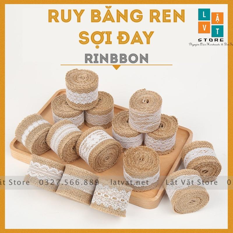 Ruy băng vải bố có ren trắng DIY trang trí, handmade, tiệc cưới, Giáng sinh làm từ sợi đay, ribbon Decor