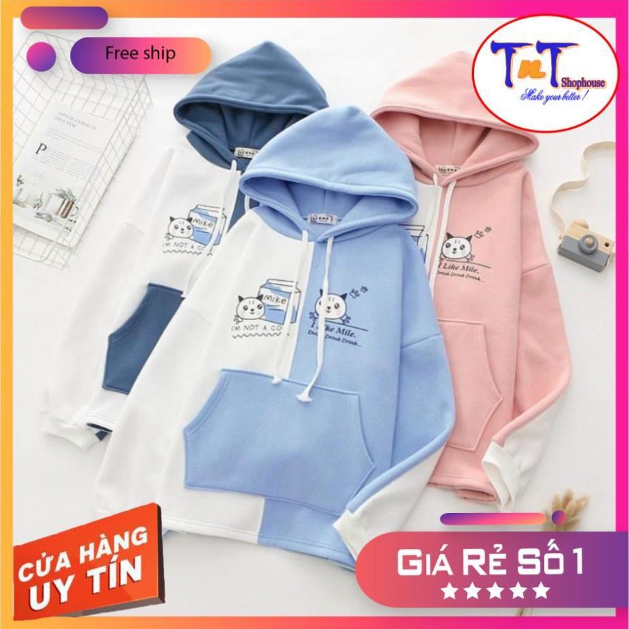 KN20 Áo Khoác Nỉ Hoodie 2 Màu Hình Mèo Phối Túi Áo Nỉ Dài Tay Cho Nữ thời trang sinh viên học sinh cao cấp