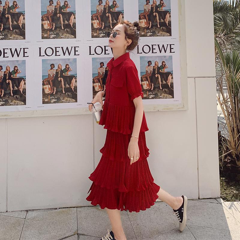 SHUANGYAN Blue Sea Yueno Fairy Mori Dress Platterone váy mối tình đầu màu đỏ 2023 mùa hè khí chất bánh váy chiffon đầm