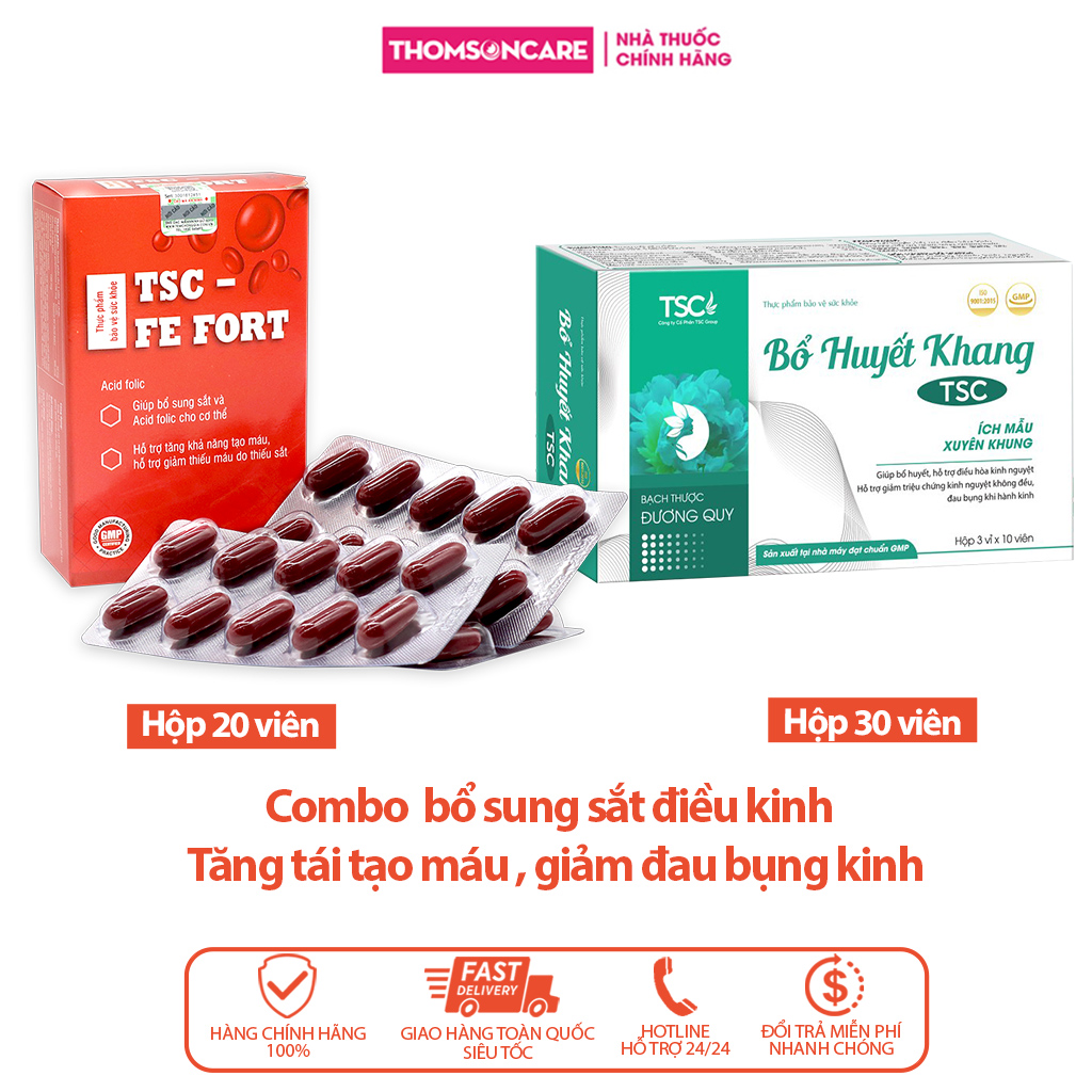 Combo điều hòa kinh nguyệt - Sắt Fe Fort TSC 20v và Bổ huyết khang TSC 30v - Giúp bổ máu, tăng khả năng tái tạo máu  giảm đau bụng kinh từ thảo dược thiên nhiên Thomsoncare