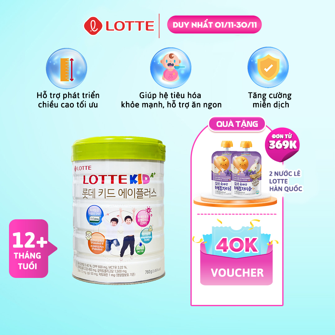 Sữa Lotte Kid A+Hàn Quốc 760g - Phát triển chiều cao, cân nặng cho bé từ 1 tuổi trở lên