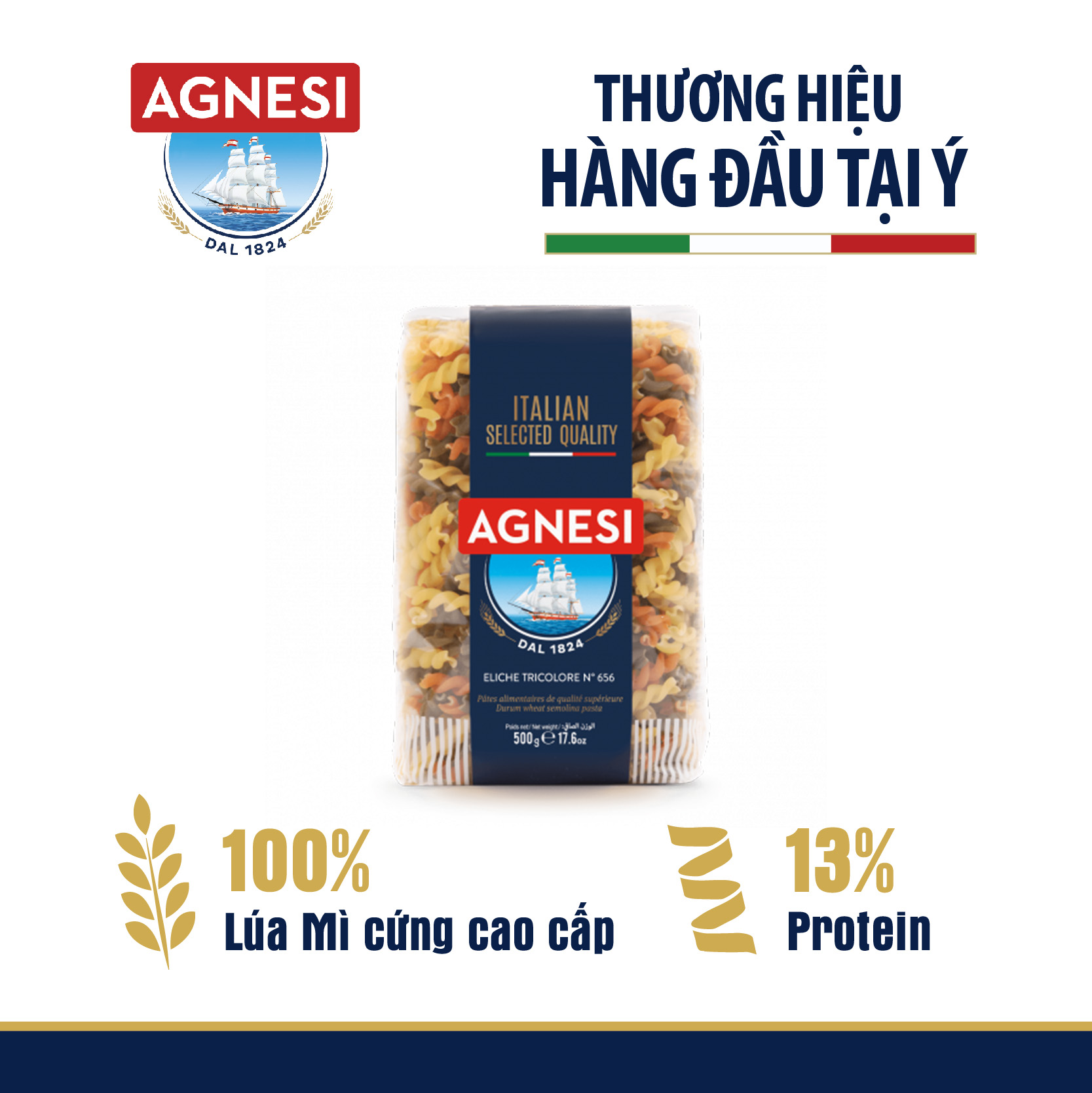 Nui xoắn 3 màu không gãy không dính cao cấp eliche tricolori Agnesi 500g