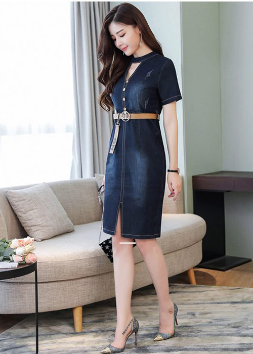 Đầm Jean Nữ Xẻ Ngực Đính Nút Thời Trang