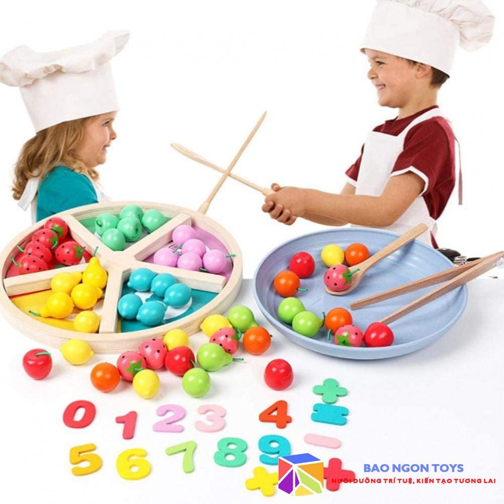 ĐỒ CHƠI GỖ SẮP XẾP HOA QUẢ, MÀU SẮC MONTESSORI 6 IN 1 GIÚP BÉ HỌC ĐẾM VÀ PHÁT TRIỂN VẬN ĐỘNG TINH