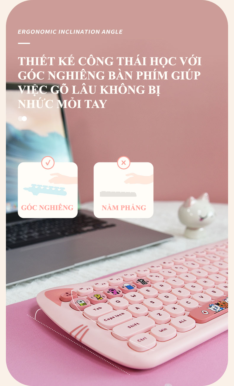 Bộ bàn phím và chuột không dây MOFII KITTY PLUS full size 104 phím với hình dáng tai mèo dễ thương kết nối bằng chip USB 2.4GHz - Hàng Chính Hãng