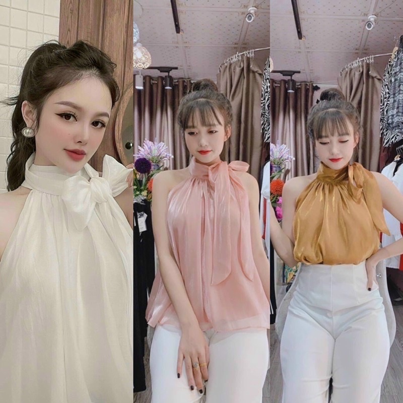 Áo tơ cổ yếm cột nơ, áo kiểu nữ mặc cá tính
