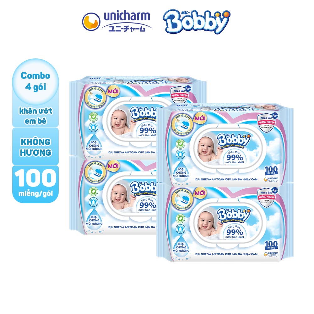 Combo 4 Gói Khăn Ướt Bobby Care 100 Không Hương 100 Tờ