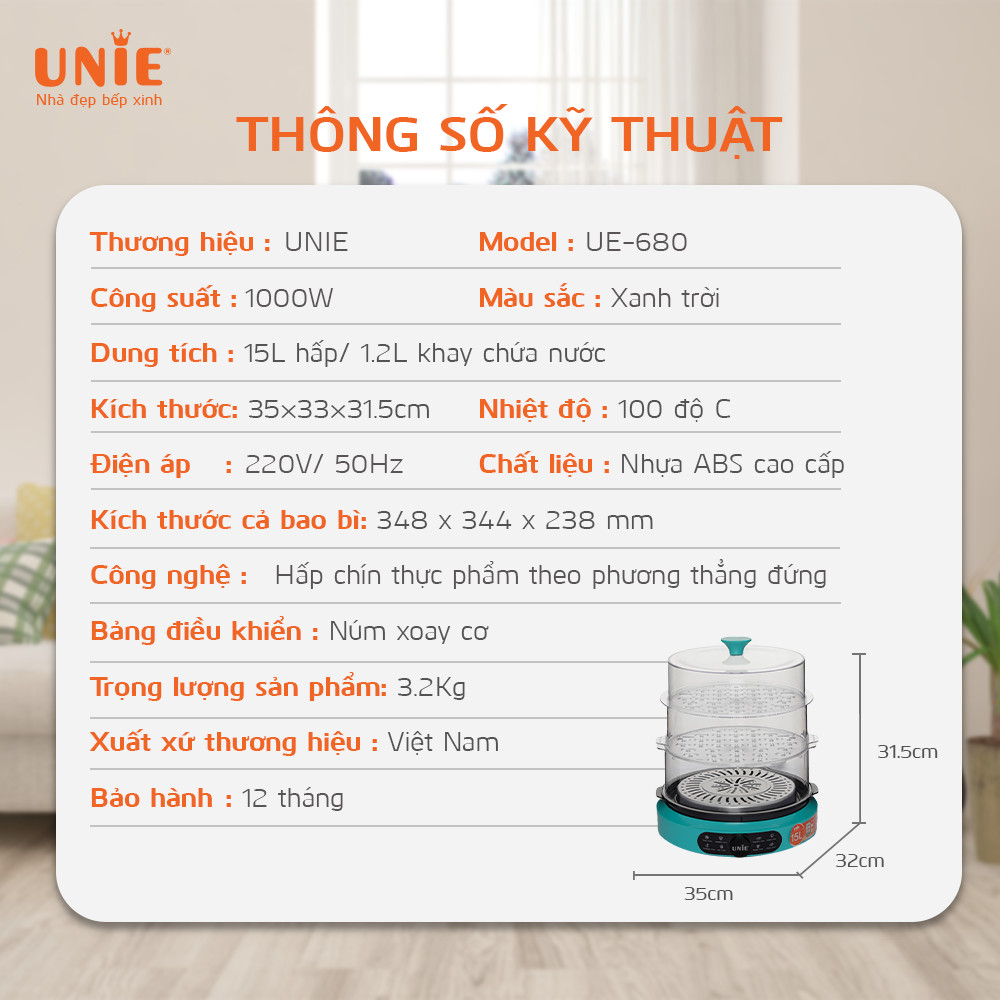 Nồi hấp điện UNIE UE-680 công suất 1000W dung tích 15L - Hàng chính hãng