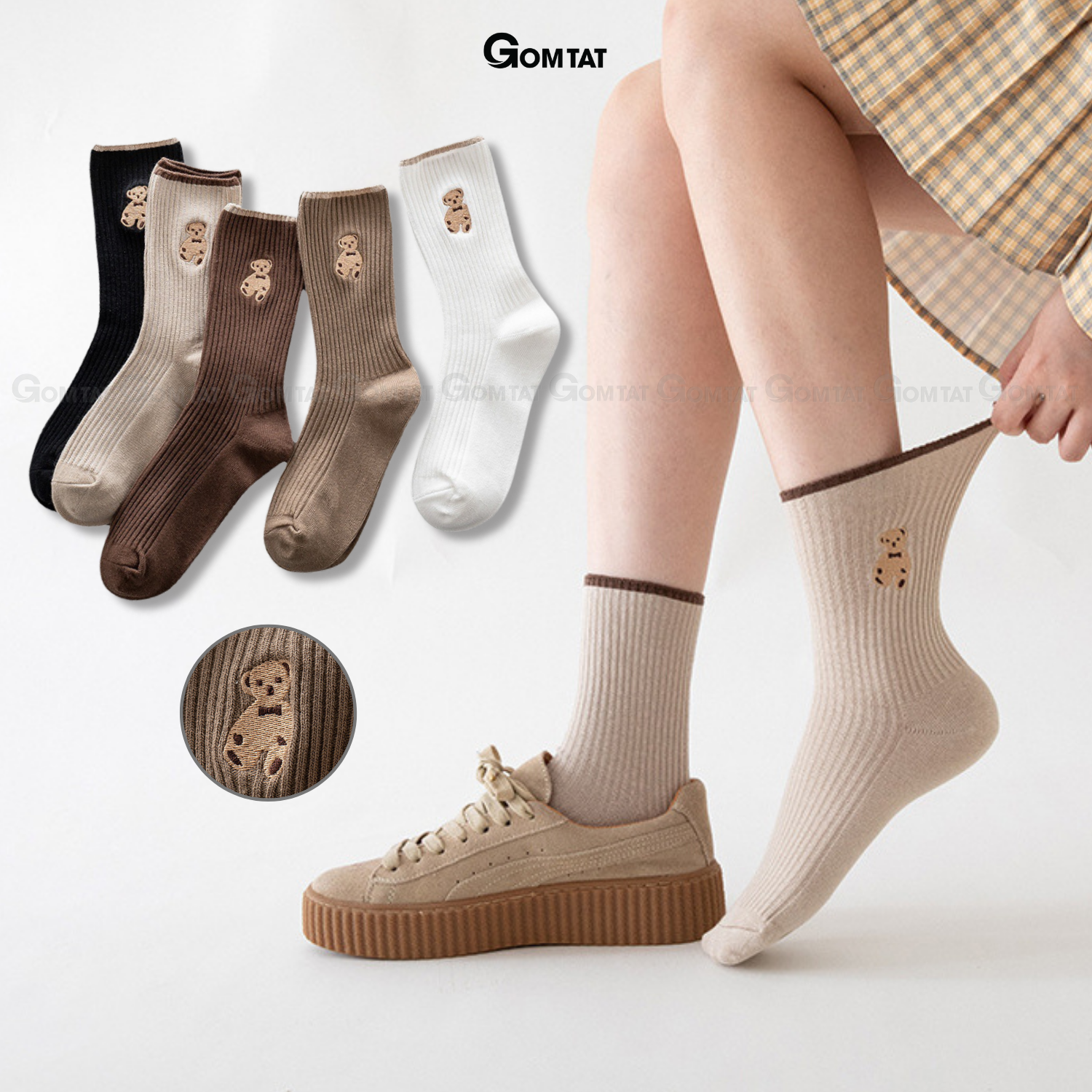 Set 5 đôi tất vớ nữ cổ cao GOMTAT mẫu hình gấu cao cấp, chất liệu dày dặn, hút ẩm, thoáng khí chống mùi - COCAO-HINHGAU