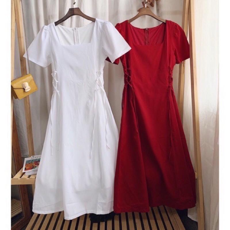 Đầm nữ dự tiệc / Váy cổ vuông chiết eo 2 lớp tôn dáng