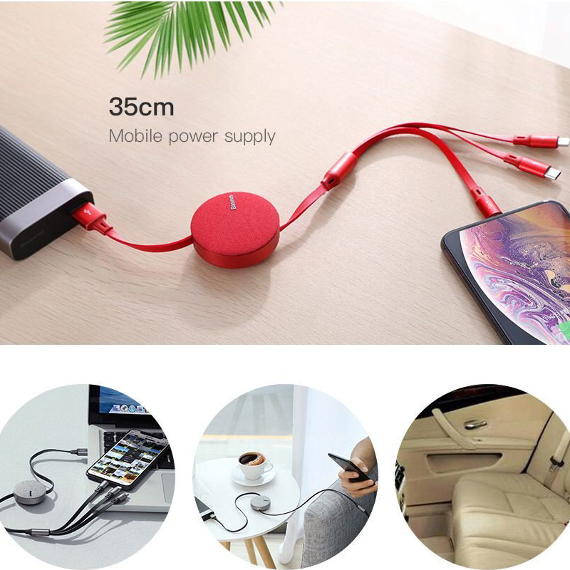 Cáp sạc dây rút  3 in 1- Baseus Fabric Flexible Cable tích hợp 3 đầu Type C / Micro USB/ Lightning 3.5A - Hàng Chính Hãng