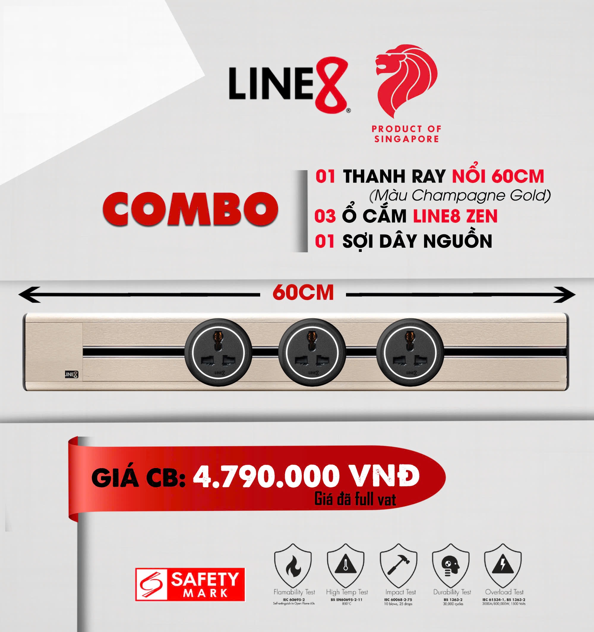 COMBO (01 Thanh Ray Điện Line8 (60cm/ Champagne Gold) + 3 Ổ Cắm Zen MLT