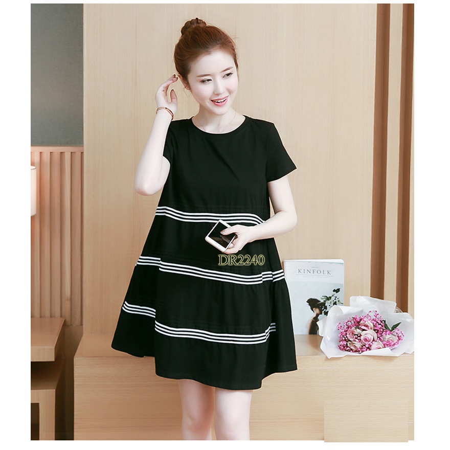 ĐẦM BẦU COTTON ĐEN KẺ TRẮNG DR2240