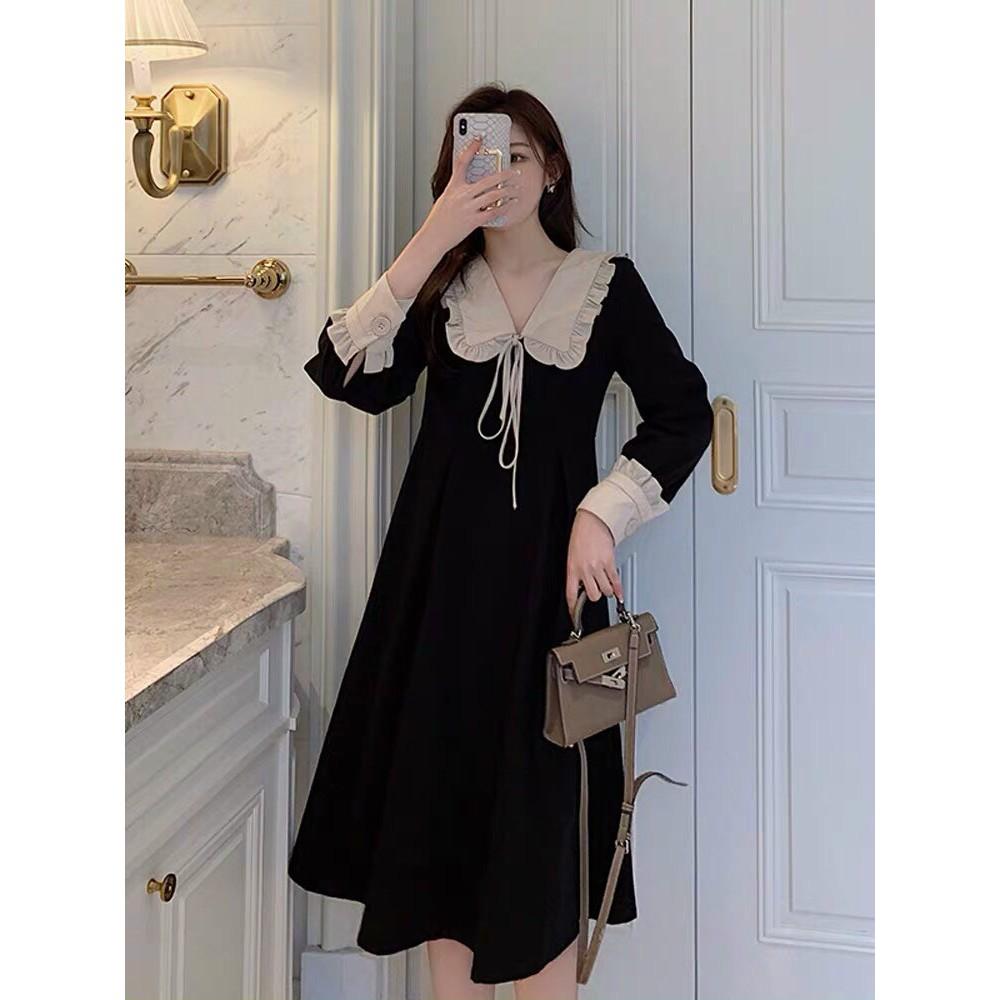 Đầm dạo phố tiểu thư xòe tay dài cổ bèo Phối Hai Màu Xinh Xắn Dành Cho Nữ , ĐẦM CỔ BÈO TAY DÀI ĐÍNH NƠ