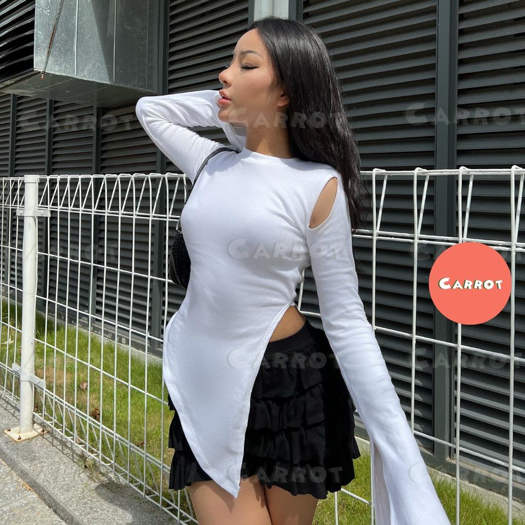 Áo croptop ôm tay dài trắng chân váy tầng ôm eo tôn dáng trendy thời trang nữ carrotxinhdep