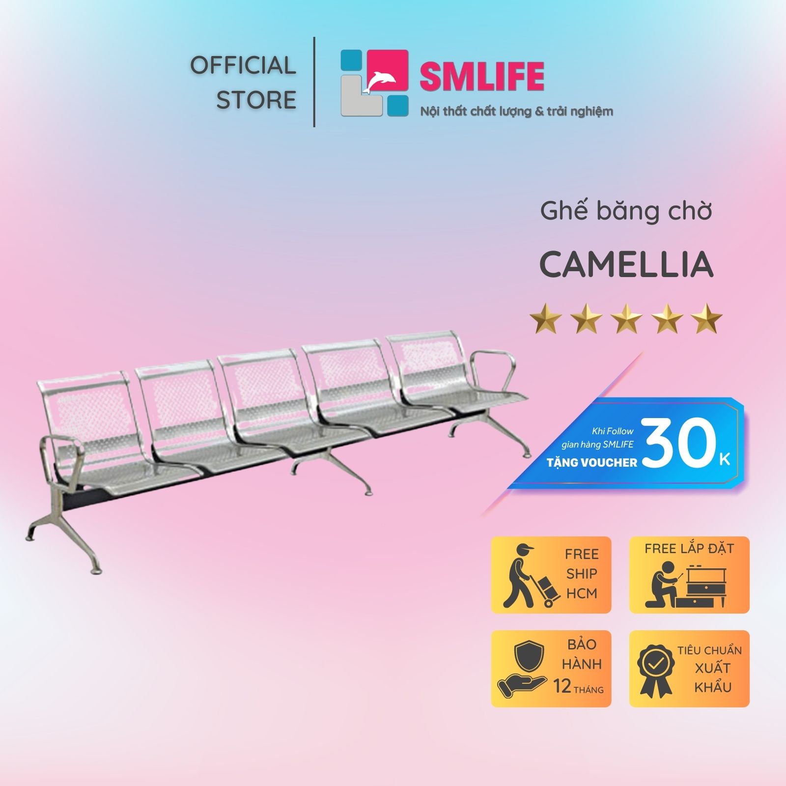 Ghế băng chờ sắt xi 5 chỗ ngồi SMLIFE Camellia